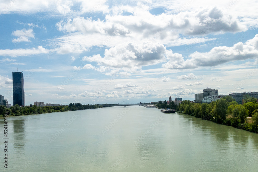 Beautiful view of Danube river from bridge in Vienna, Austria, summer day