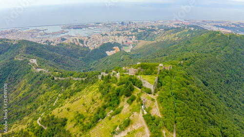 Genoa, Italy. Forte Sperone is a key point of the 19th-century Genoese fortifications and is located on top of the Mura Nuove. View of Genoa, Aerial View photo