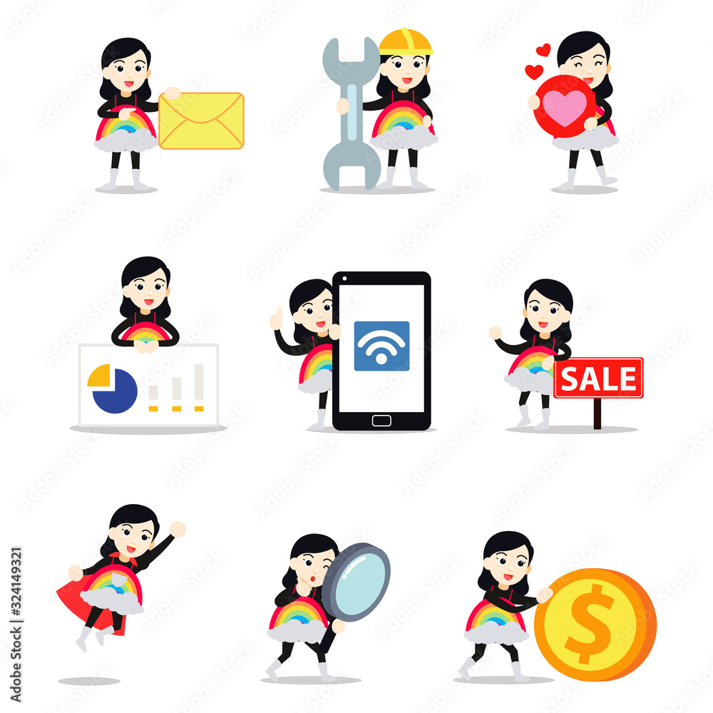 Set character of woman dressed rainbow costume in fine weather. Set character of woman dressed rainbow costume in fine weather.
