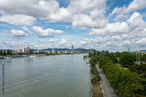 Beautiful view of Danube river from bridge in Vienna, Austria, summer day