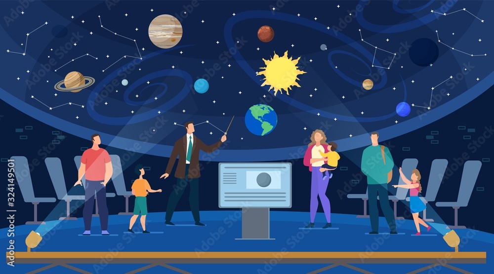 Guide Conducting Group Excursion at Planetarium. Adult People, Kids Learning about Space, Solar System, Universe with Stars, Planets. Visitors at Museum. Interactive Entertainment. Vector Illustration