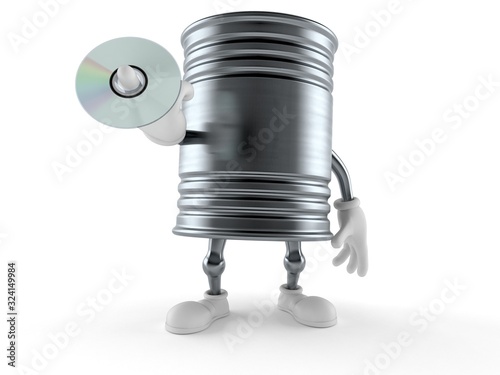 Food can character holding cd disc