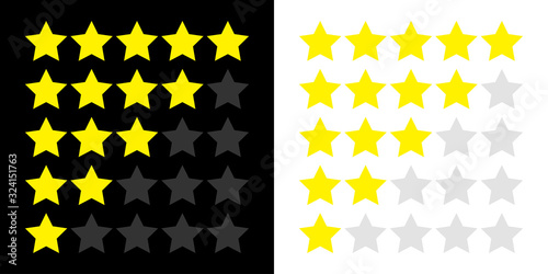 Five star rating icon set. Yellow color. Customer reviews. Feedback concept. Review survey. Flat design. Isolated. White and black background.