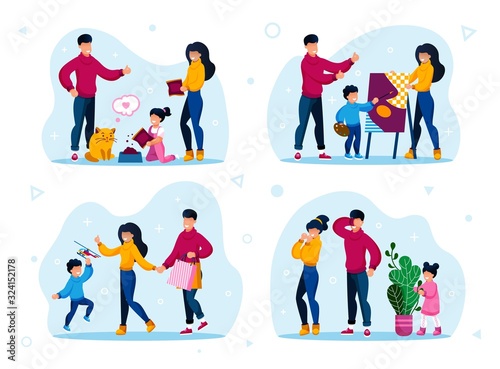 Family Leisure, Child Education Trendy Flat Vector Concepts Set. Parents with Children Feeding Cat, Drawing Painting, Buying Toys for Kid, Playing in Hide-and-Seek at Home Isolated Illustrations