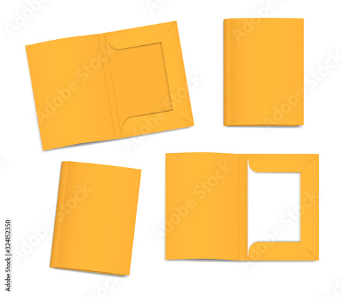 Cardboard file folder. Open and closed. Empty and filled with blank paper sheets. Vector mock-up