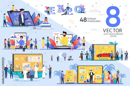 E-Commerce Project Presentation on Exhibition Trendy Flat Vector Scenes Set. Business Company Foreign Investors, Online Startup Team, Company Employees, Clients and Customers Characters Illustrations