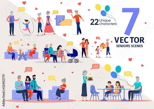 Senior People Family Support and Relationships Trendy Flat Vector Scenes Set. Elderly Man and Woman, Happy Grandparents Couple Playing with Child, Resting at Home, Celebrating Birthday Illustrations