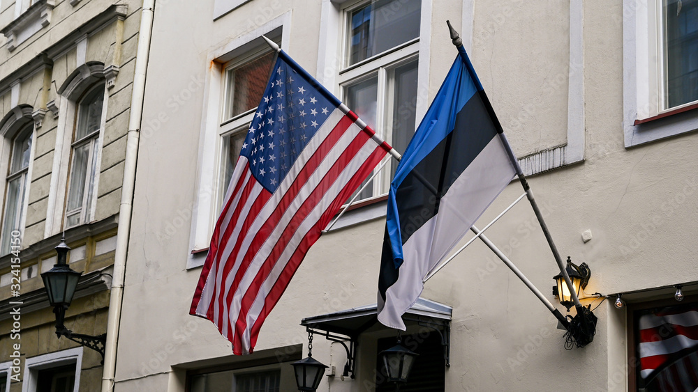 Waving flag of USA and Estonia. The member state of NATO