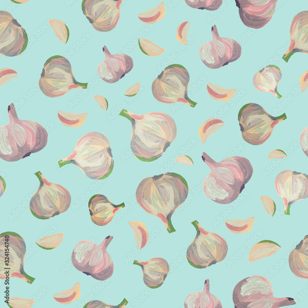 Fototapeta premium Garlic seamless color pattern. Purple pink root vegetable, spices. Hands gouache illustration. Appetizing juicy design for wallpapers, fabrics, cafes, menus, screensavers, textiles, gardening.