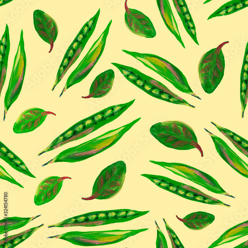 Green peas seamless color pattern. Hands gouache illustration. Appetizing juicy design for wallpapers, fabrics, cafes, menus, screensavers, textiles, gardening.