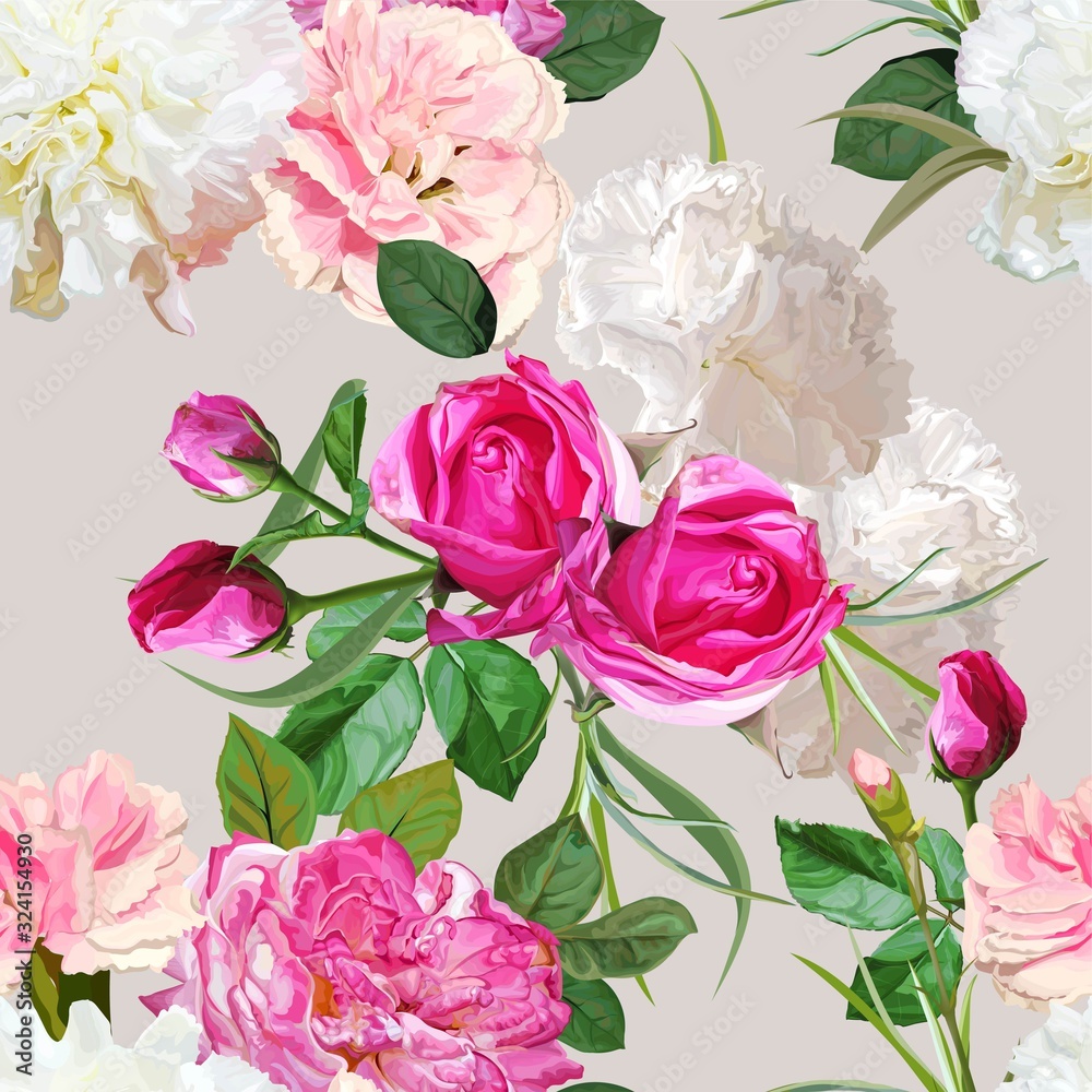 Rose pink  flower and carnation seamless pattern vector illustration