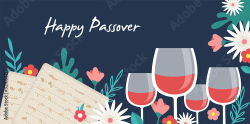 Pesah celebration concept , jewish Passover holiday. Greeting cards with traditional four wine glasses, Matza and spring flowers. Happy passover in Hebrew. vector illustration