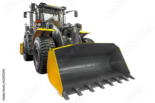 Yellow bulldozer tractor with a large bucket in front, isolated on white background.