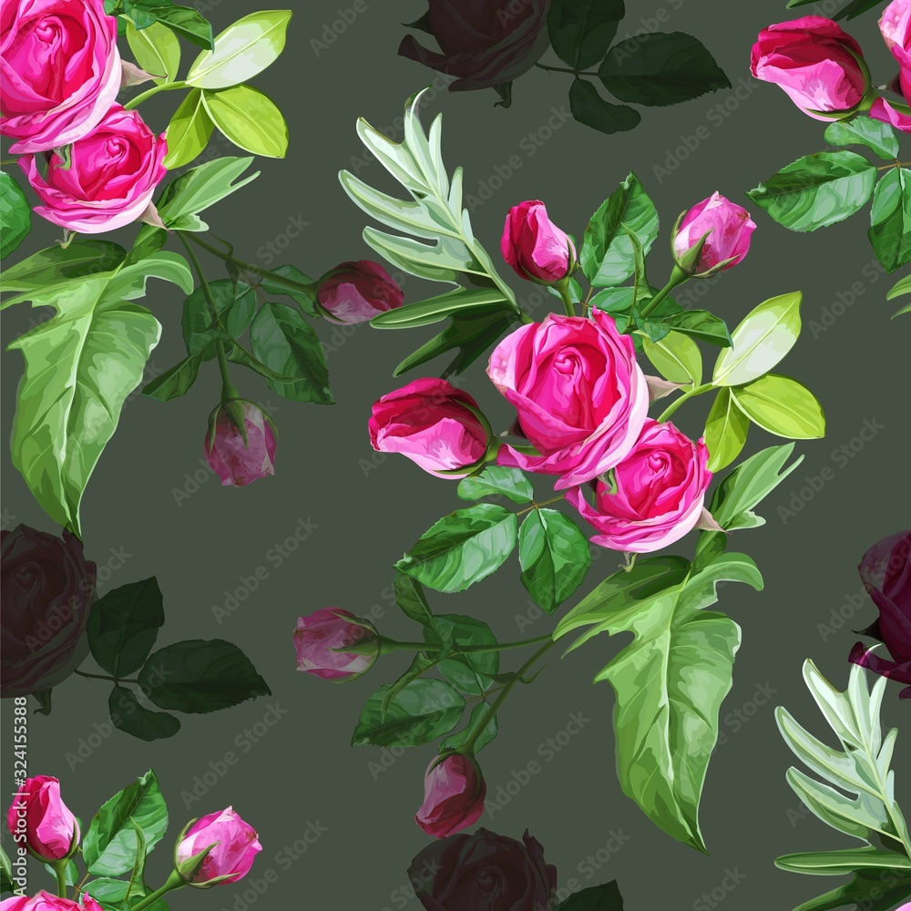 Roses and tropical leaves seamless pattern