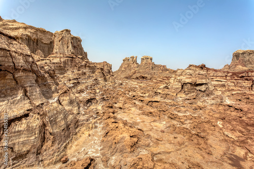 High rock formations rise in the Danakil depression like stone rock city. Landscape like Moonscape  Danakil depression  Ethiopia  Africa