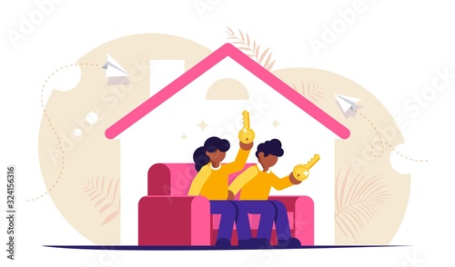 Buying a home concept. Young family sits on the couch in a new house with keys in their hands. Buying a new apartment with the help of a bank. Isolated vector illustration