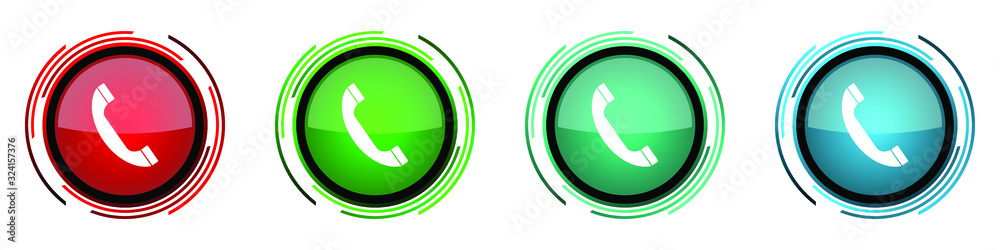 Phone round glossy vector icons, call, contact set of buttons for webdesign, internet and mobile phone applications in four colors options isolated on white background Phone round glossy vector icons, call, contact set of buttons for webdesign, internet and mobile phone applications in four colors options isolated on white background