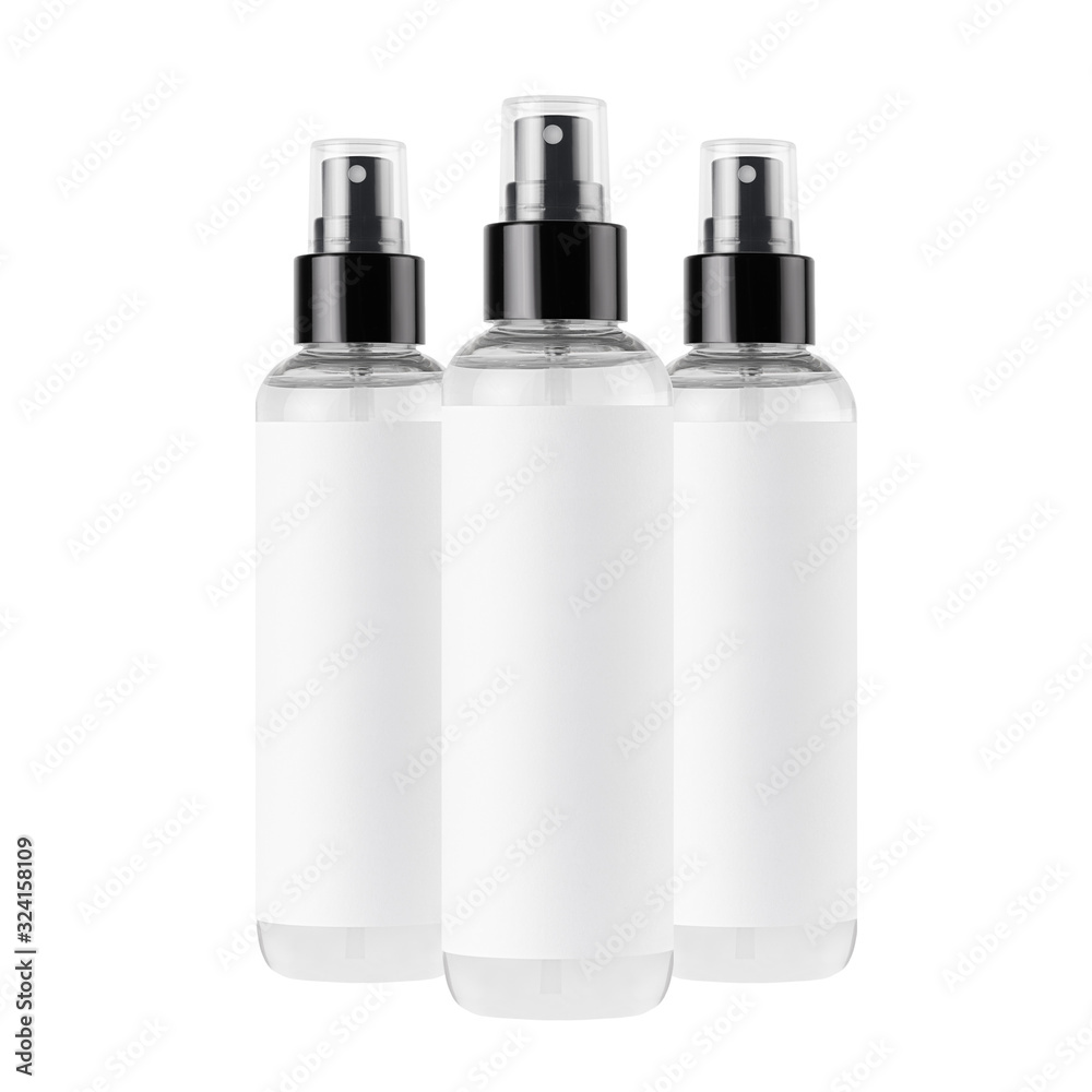 Three tall transparent spray dispenser bottles for cosmetics product with white label, isolated, mock up for branding, design. Three tall transparent spray dispenser bottles for cosmetics product with white label, isolated, mock up for branding, design.