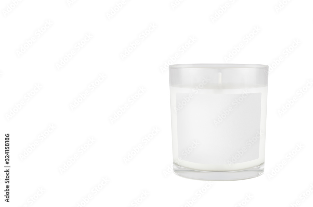 White candle in transparent glass with white blank label on isolated, mock up for branding identity of product, advertising, presentation, design packing. White candle in transparent glass with white blank label on isolated, mock up for branding identity of product, advertising, presentation, design packing.