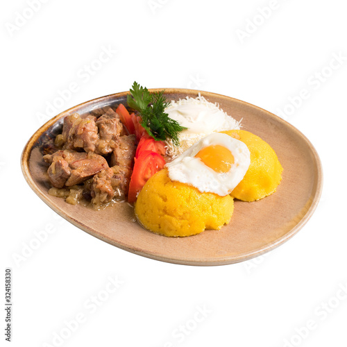 Polenta With Meat in Sauce and egg, isolated on white photo
