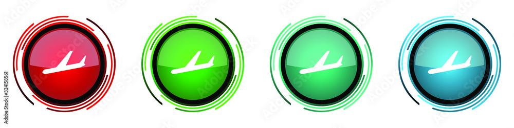 Arrivals round glossy vector icons, flight, airplane set of buttons for webdesign, internet and mobile phone applications in four colors options isolated on white background Arrivals round glossy vector icons, flight, airplane set of buttons for webdesign, internet and mobile phone applications in four colors options isolated on white background