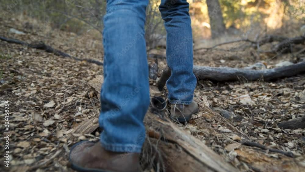 Man's shoes boots on a hike walking away from camera stepping over logs in the woods. Man's shoes boots on a hike walking away from camera stepping over logs in the woods.