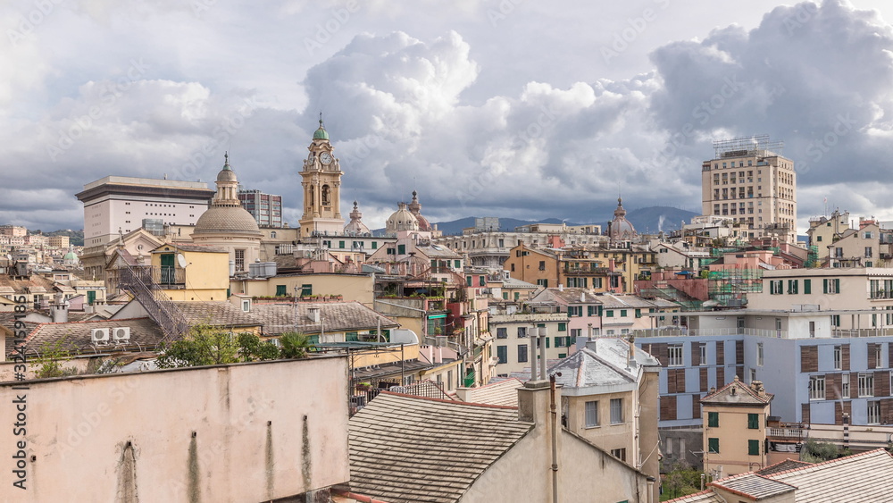 Aerial panoramic view of european city Genoa timelapse from above of old historical centre quarter districts, Liguria, Italy