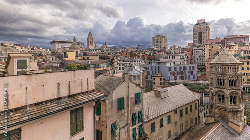 Aerial panoramic view of european city Genoa timelapse from above of old historical centre quarter districts, Liguria, Italy