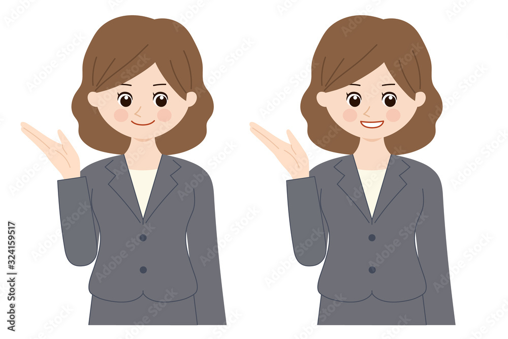 Woman introducing something in a business suit. Vector illustration isolated on white background. Woman introducing something in a business suit. Vector illustration isolated on white background.