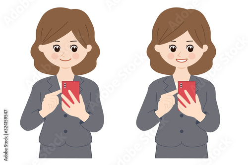 Business woman using a mobile smart phone in office. Vector illustration isolated on white background.