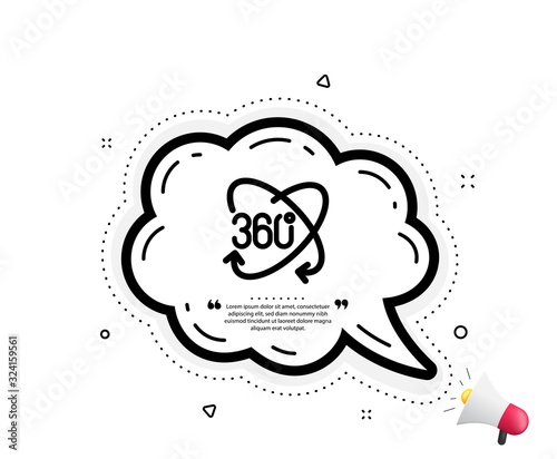 360 degree icon. Quote speech bubble. Full rotation sign. VR technology simulation symbol. Quotation marks. Classic full rotation icon. Vector