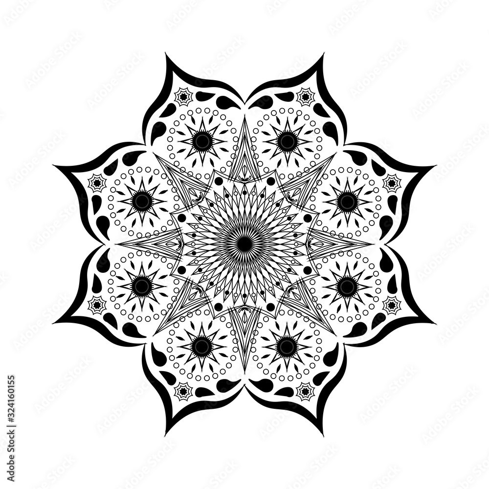 Vector circular ornament. Black and white isolated flower mandala ...