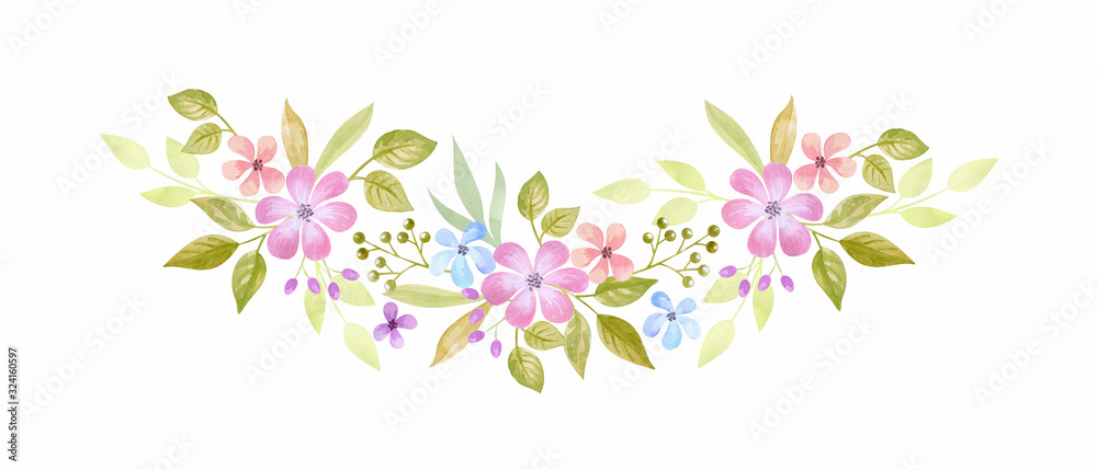 Floral arrangement with spring flowers. Watercolor hand painted illustration isolated on a white background.