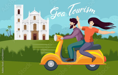 couple riding on bike in goa vector