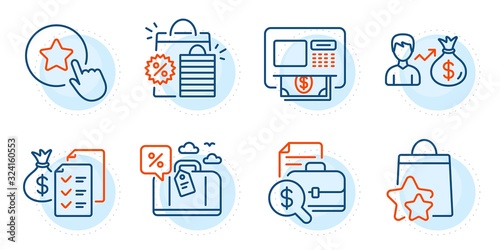 Atm, Accounting report and Loyalty star signs. Accounting wealth, Loyalty points and Sallary line icons set. Shopping bags, Travel loan symbols. Audit report, Bonus bags. Finance set. Vector