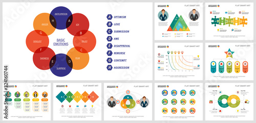 Vivid infographics design set for development report layout, annual infographic, slides, web design. Business and analysis concept with venn diagram, bar, percentage, process, and step charts.
