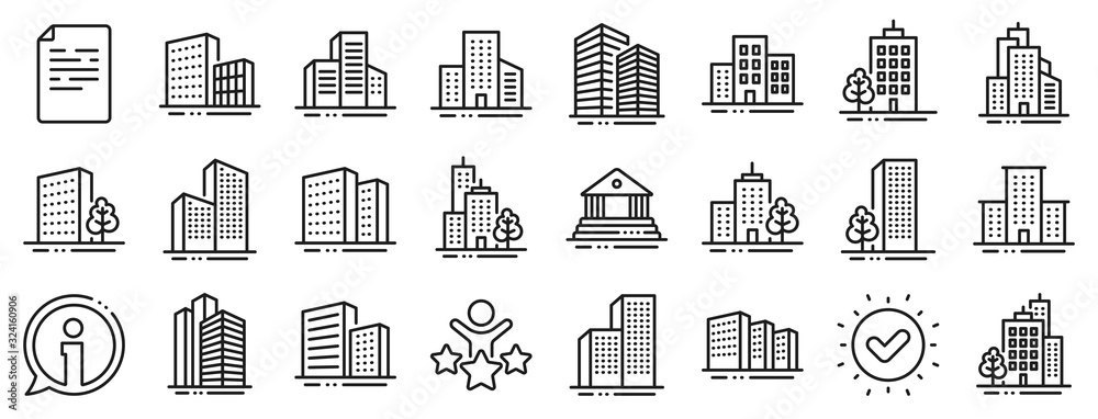Bank, Hotel, Courthouse. Buildings line icons. City, Real estate, Architecture buildings icons. Hospital, town house, museum. Urban architecture, city skyscraper, downtown. Vector - obrazy, fototapety, plakaty 