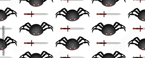 Black spider pattern. Mch on a dark background. Seamless pattern for textile and fabric design.. © Анна Таранкова