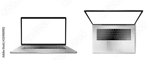 Laptop computer with white screen and keyboard front and top view. Vector realistic mockup of modern notebook, portable desktop pc with blank monitor display isolated on white background