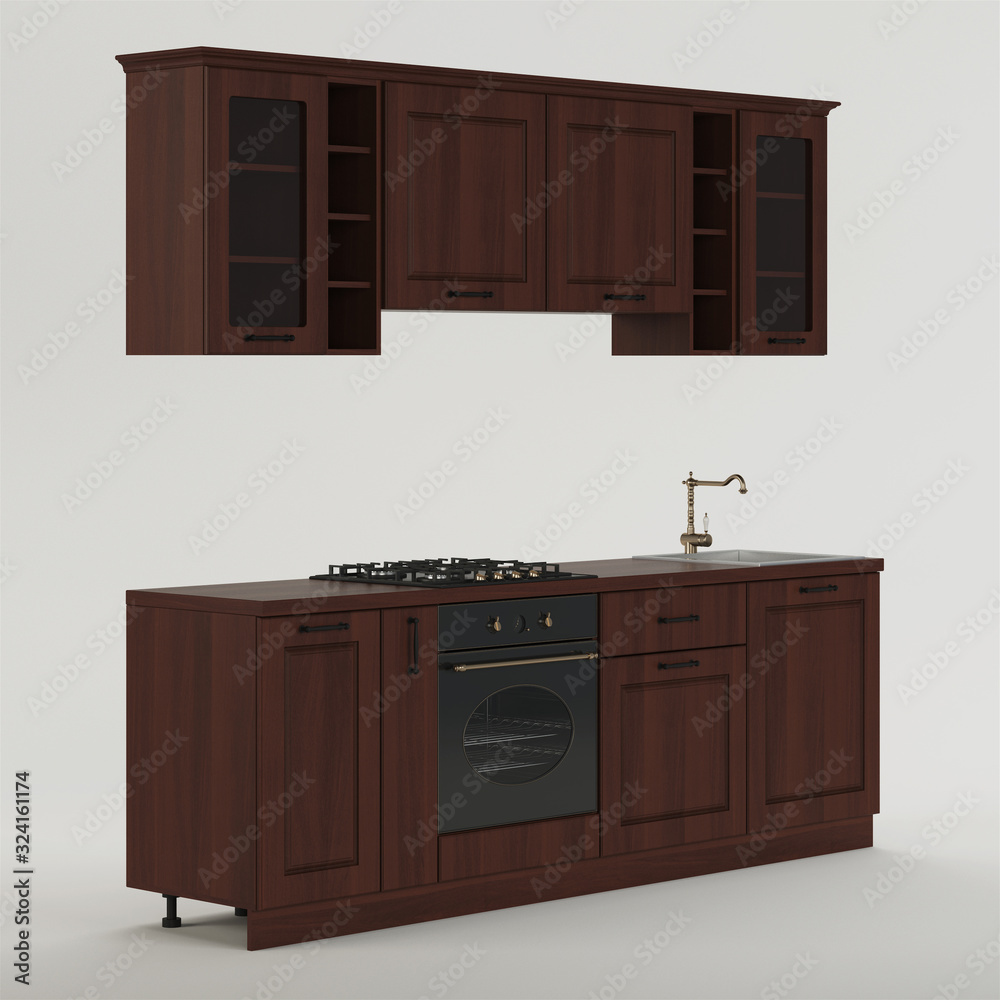 Kitchen. Furniture and kitchen equipment on a white background. Clipping path included. 3D rendering. Kitchen. Furniture and kitchen equipment on a white background. Clipping path included. 3D rendering.