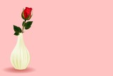 Background for postcards. Women's Day. Red rose in a vase. White ceramics. Valentine's Day. Promotional banner or poster for discounts and promotions. Place for text..