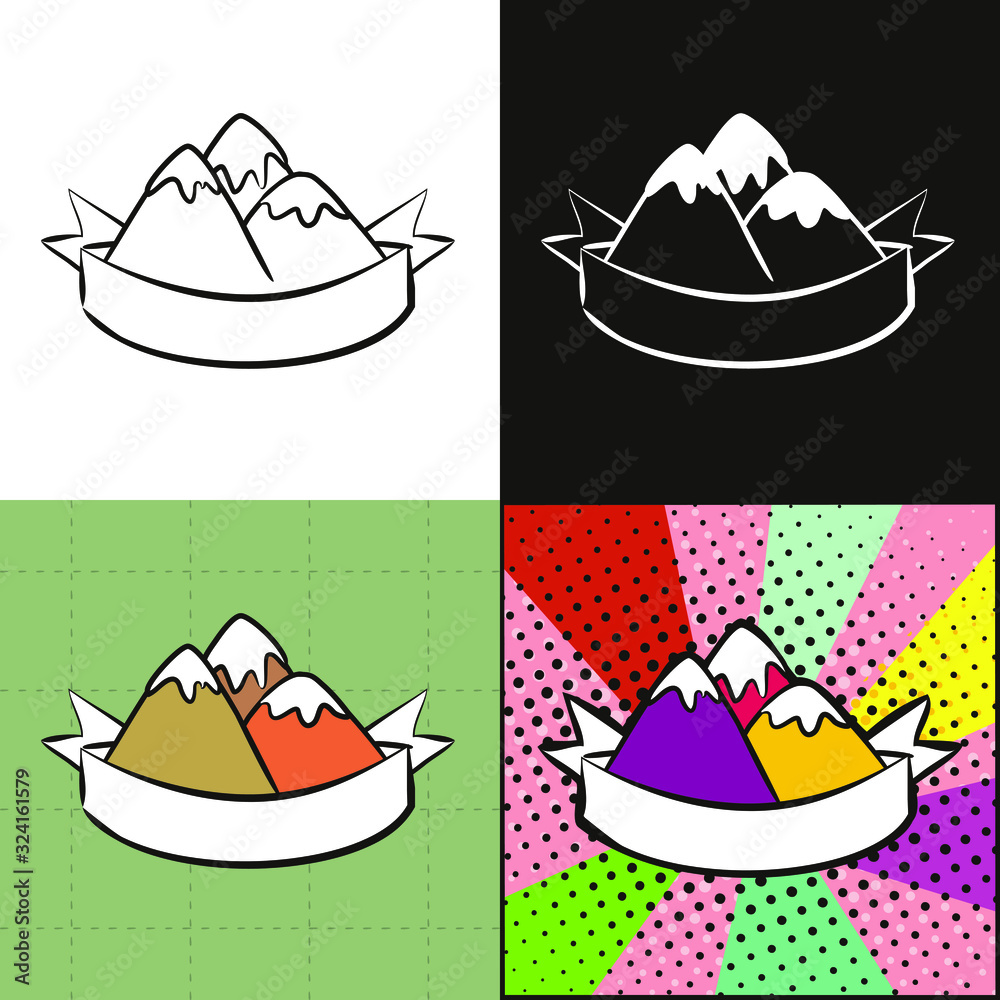 Mountain peaks wrapped in ribbon. Set of logos with mountains and ribbon for text. Black and white contour version, colored and mountains in pop art style. Vector illustration for creating a logo. Mountain peaks wrapped in ribbon. Set of logos with mountains and ribbon for text. Black and white contour version, colored and mountains in pop art style. Vector illustration for creating a logo.