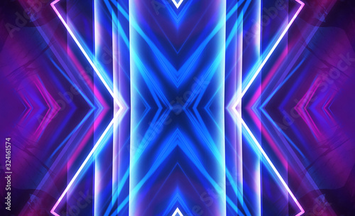 Dark abstract futuristic background. Neon lines glow. Neon lines, shapes. Pink-blue glow. Empty Stage Background