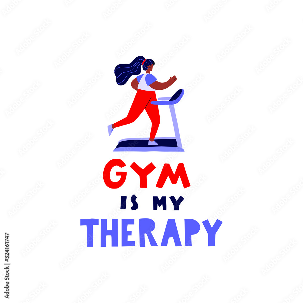 Young woman on a treadmill vector illustration with gym is my therapy lettering. Flat illustration of a girl working out and motivational hand lettering. Young woman on a treadmill vector illustration with gym is my therapy lettering. Flat illustration of a girl working out and motivational hand lettering.
