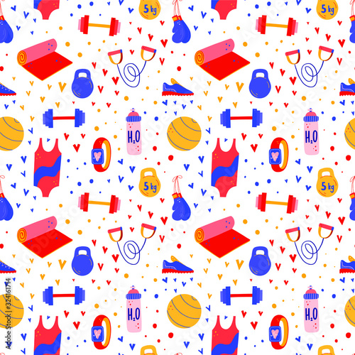 Vector seamless pattern with gym tools. Weights, dumbbell, yoga mat, swimming suit, fitness tracker, boxing gloves, water bottle, expander flat illustration.