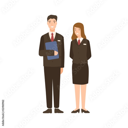 Smiling cartoon man and woman hotel staff isolated on white. Happy friendly people character in uniform vector flat illustration. Positive male and female operating personnel employee