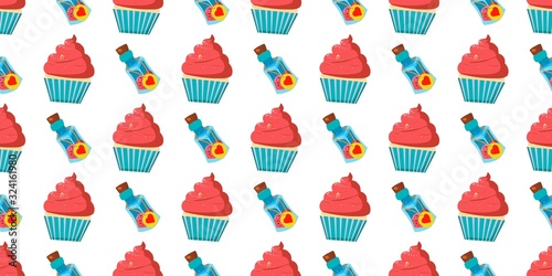 Seamless baby pattern. cupcake cakes and potion bottles. Drink Me. Alice in the Wonderland..