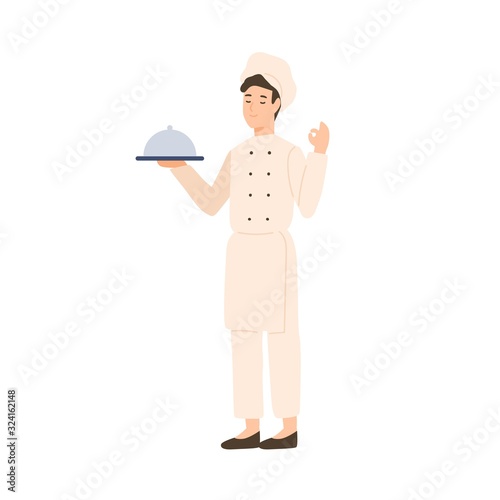 Professional male chef holding serving plate vector flat illustration. Happy kitchener in white uniform enjoying tasty food isolated on white. Funny cartoon cook staff holding fresh dish