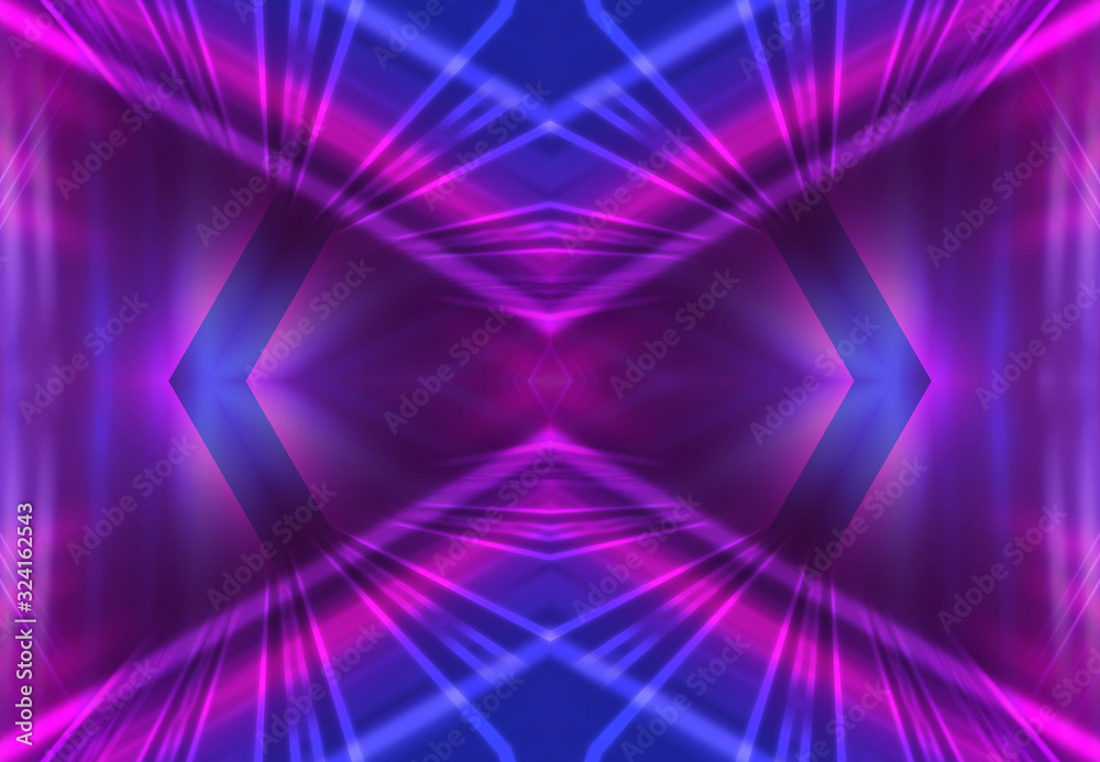 Dark abstract futuristic background. Neon lines glow. Neon lines, shapes. Pink-blue glow. Empty Stage Background