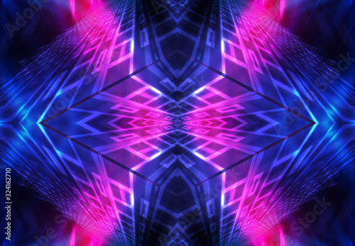 Fototapeta Naklejka Na Ścianę i Meble -  Dark abstract futuristic background. Neon lines glow. Neon lines, shapes. Pink-blue glow. Empty Stage Background